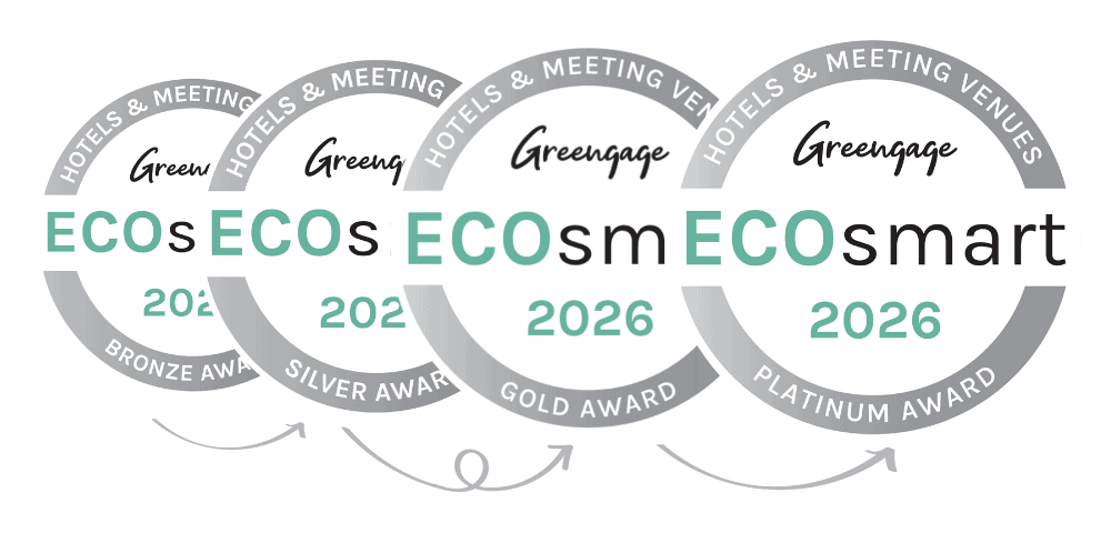 Set of four circular sustainability certification badges with “Green Hotels & Meeting Venues,” branding “ECOsmart” and "Greengage", year label "2026,” and each with either “Bronze Award,” “Silver Award,” “Gold Award,” or “Platinum Award”