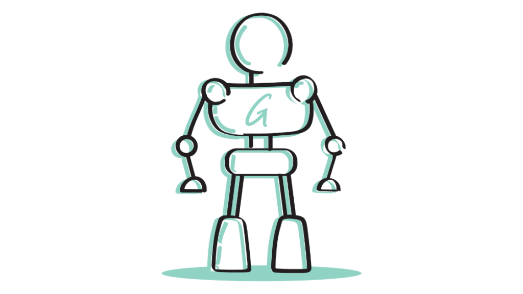 Cartoon robot with a round head and jointed arms, holding a rectangular screen with a teal “G” symbol, standing on four legs with small feet on a light green ground.